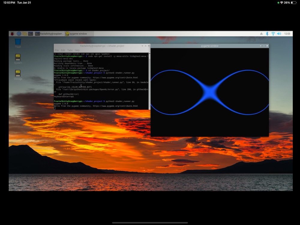 pi desktop with terminal window and blue lemniscate shader in another 