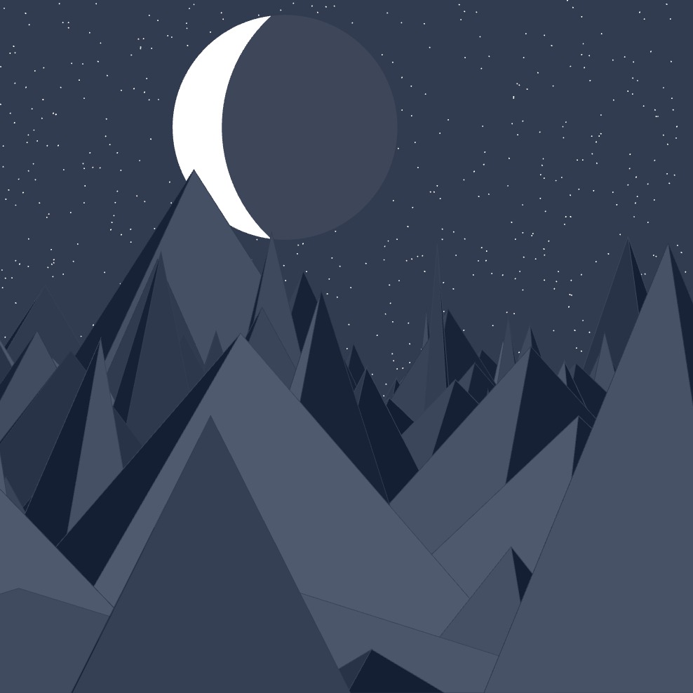 monotone blue landscape drawn with triangles and circles for stars and moon